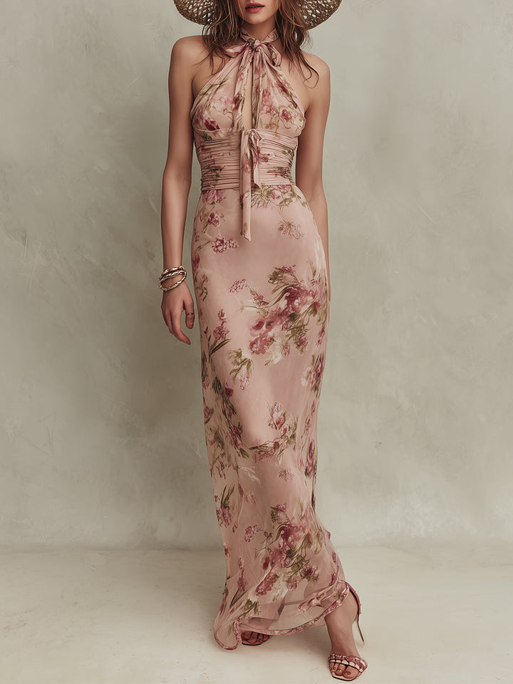 Lia | Elegant Floral Print Chiffon Maxi Dress with Keyhole Neckline