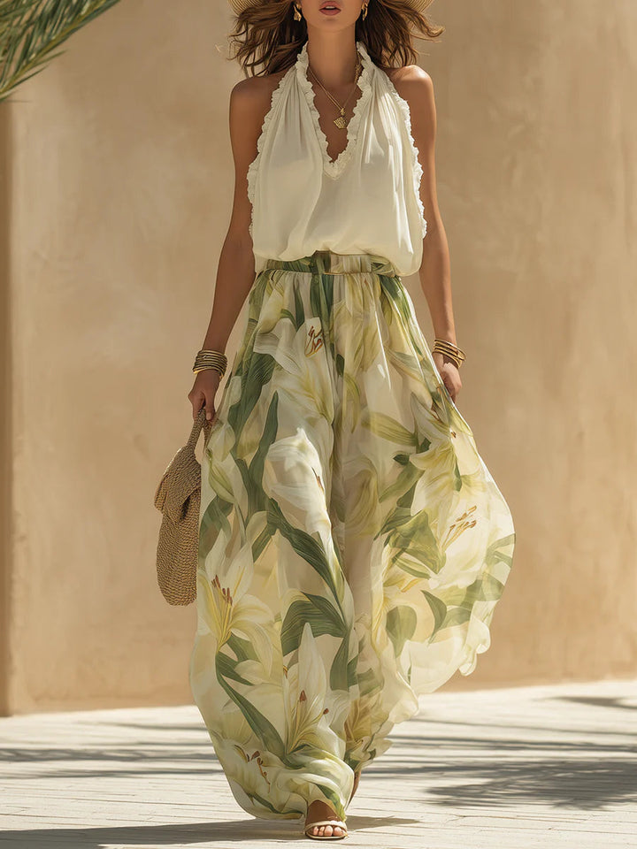 Alessandra | Chiffon Sleeveless Top with Ruffles and Lilium Print Trousers