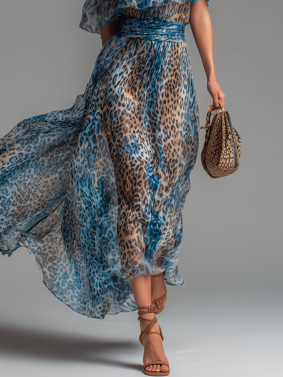 Wild | Long chiffon dress with leopard print and bare shoulders