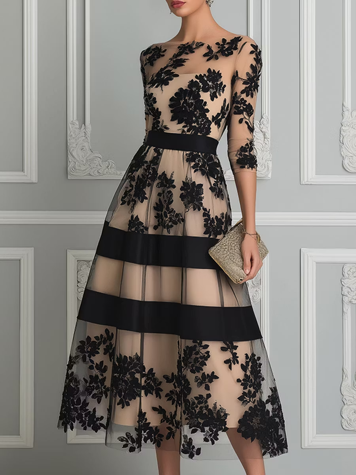 Vivienne | Black Lace A-Line Midi Dress