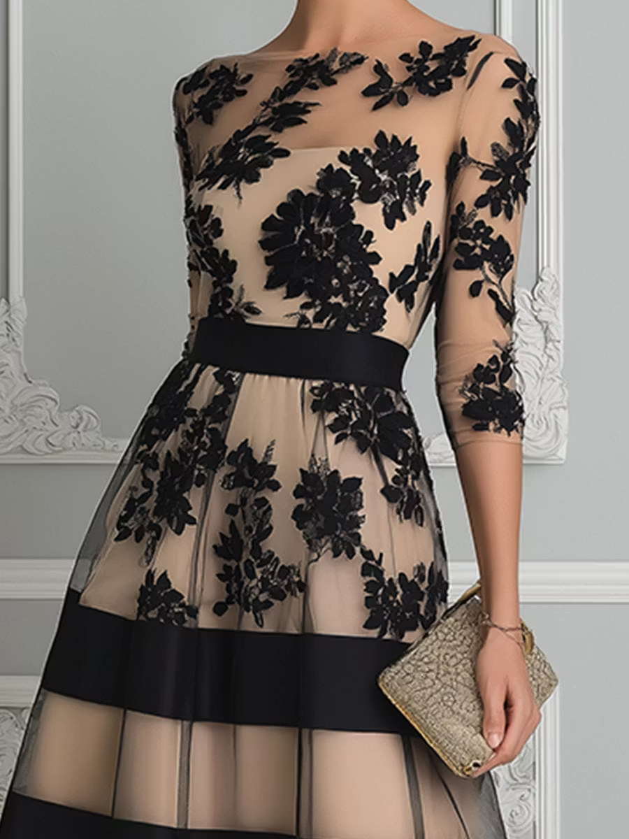 Vivienne | Black Lace A-Line Midi Dress