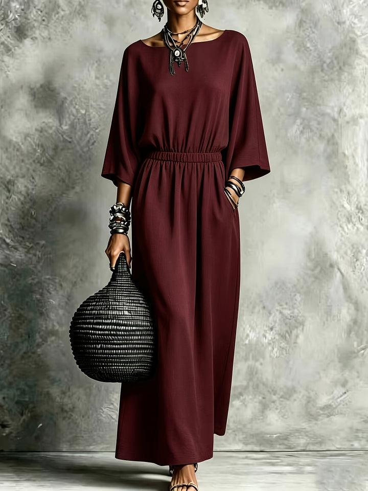 Matilda Elastic Waist Maxi Dress with Pockets in Burgundy, front view