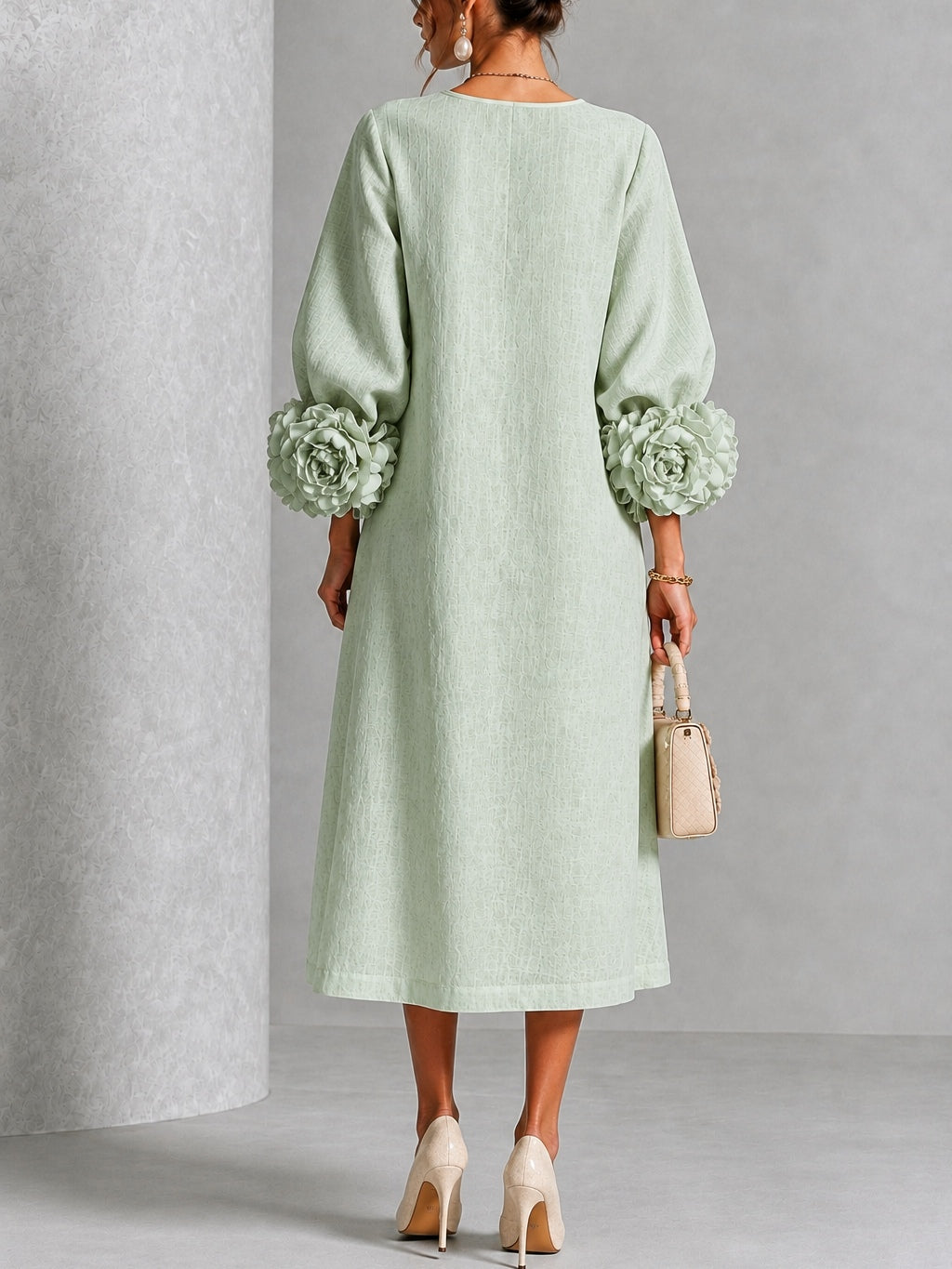 Liana rosette sleeve midi dress in sage, another angle