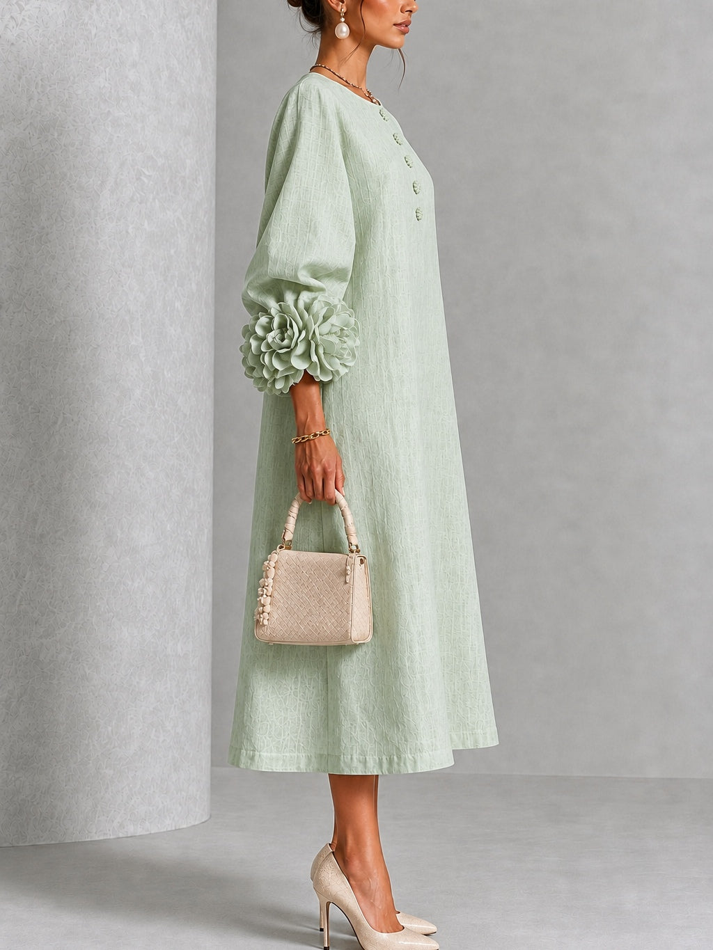 Liana | Sage Rosette Sleeve Midi Dress