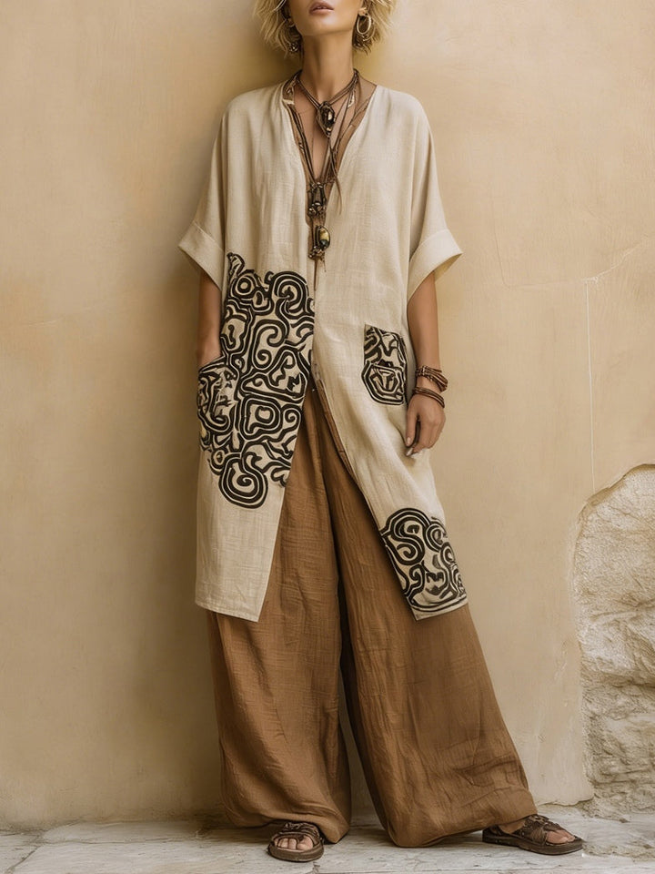 Giulia | Three-Piece Bohemian Nomad Set in Dark Gray and Brown with Tribal Pattern