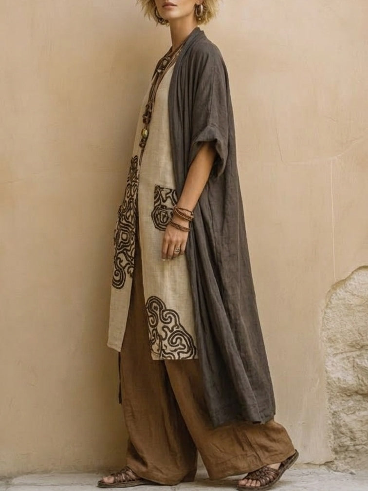 Giulia | Three-Piece Bohemian Nomad Set in Dark Gray and Brown with Tribal Pattern