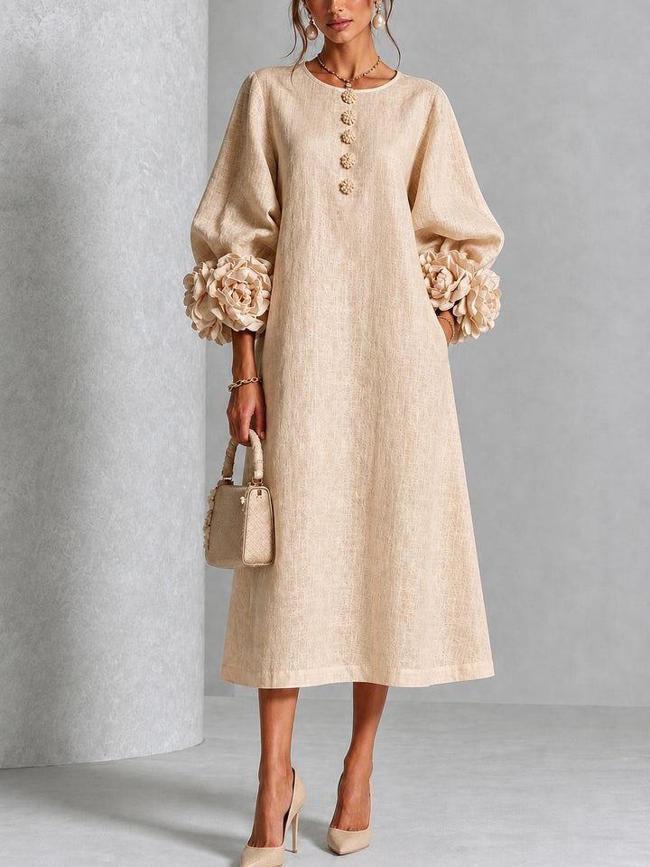 Liana | Sand Rosette Sleeve Midi Dress