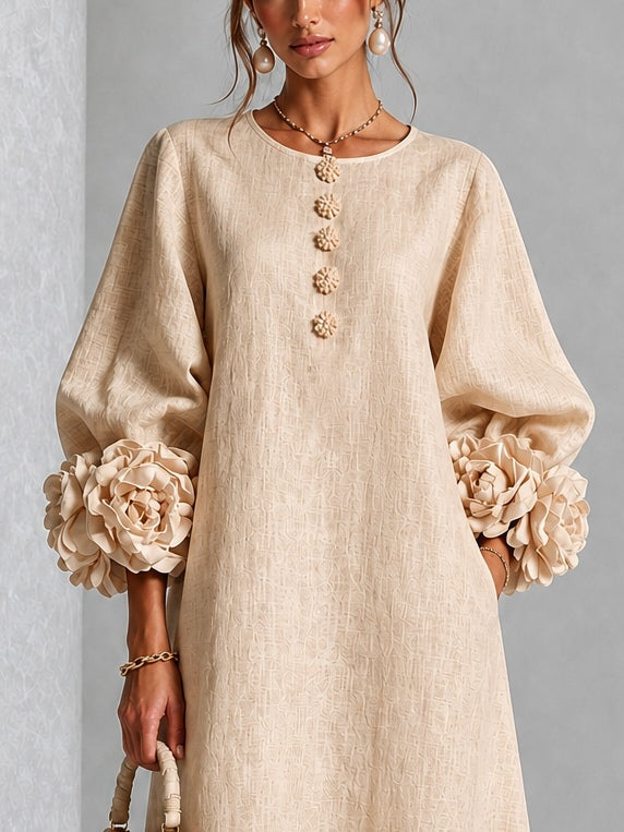 Liana | Sand Rosette Sleeve Midi Dress