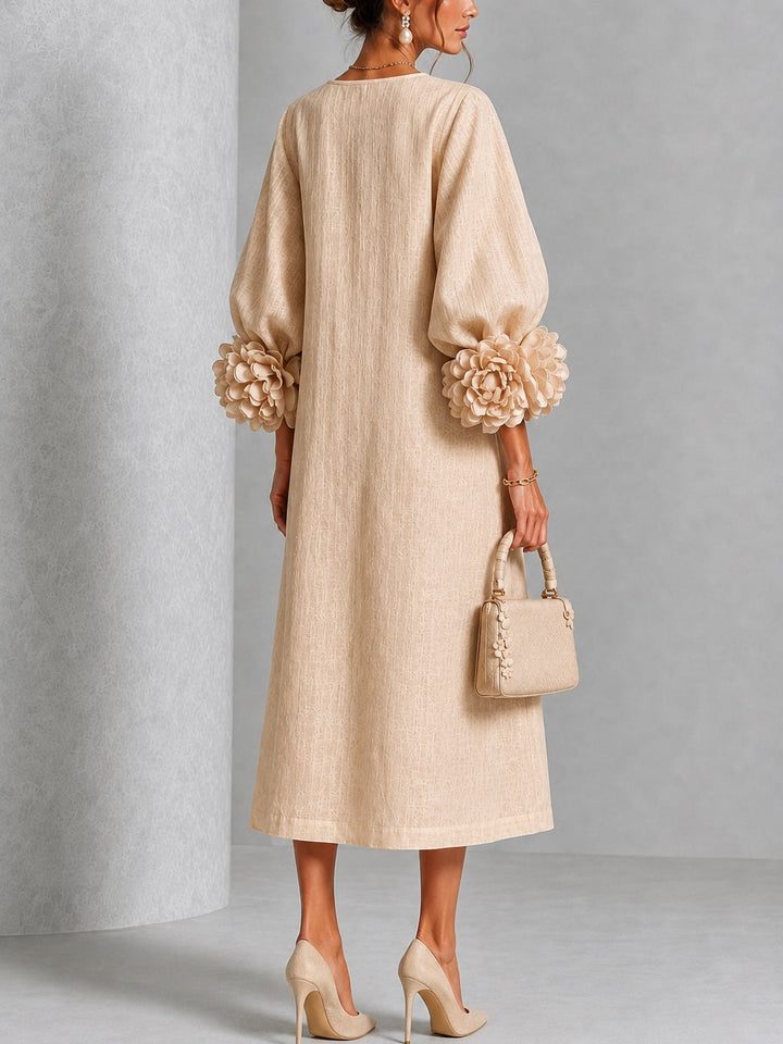 Liana rosette sleeve midi dress in sand, another angle