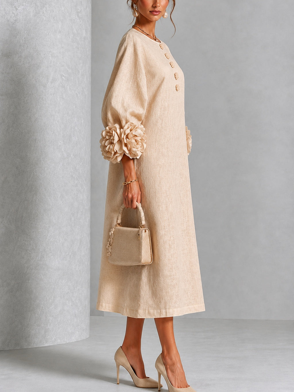 Liana | Sand Rosette Sleeve Midi Dress