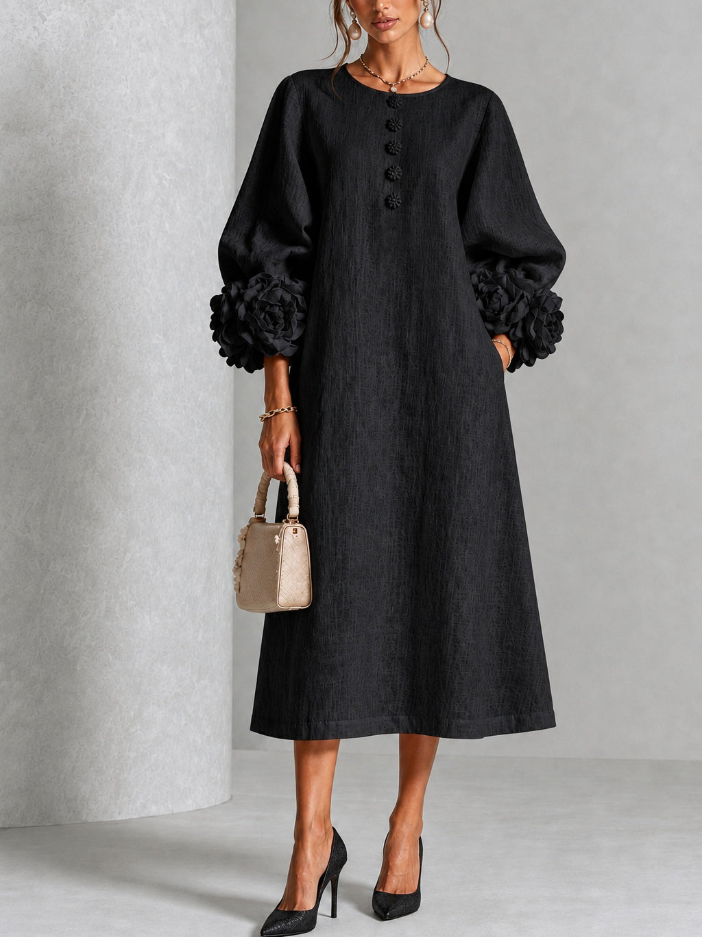 Liana | Black Rosette Sleeve Midi Dress