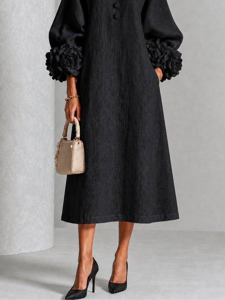 Liana | Black Rosette Sleeve Midi Dress