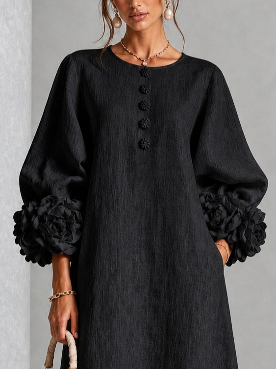 Liana | Black Rosette Sleeve Midi Dress