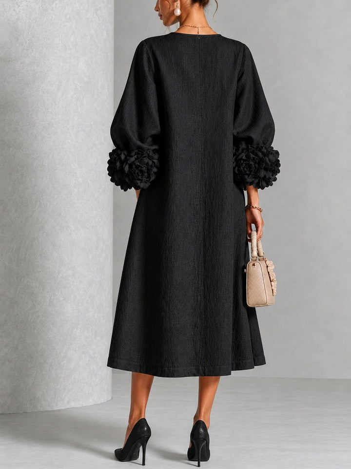 Liana | Black Rosette Sleeve Midi Dress