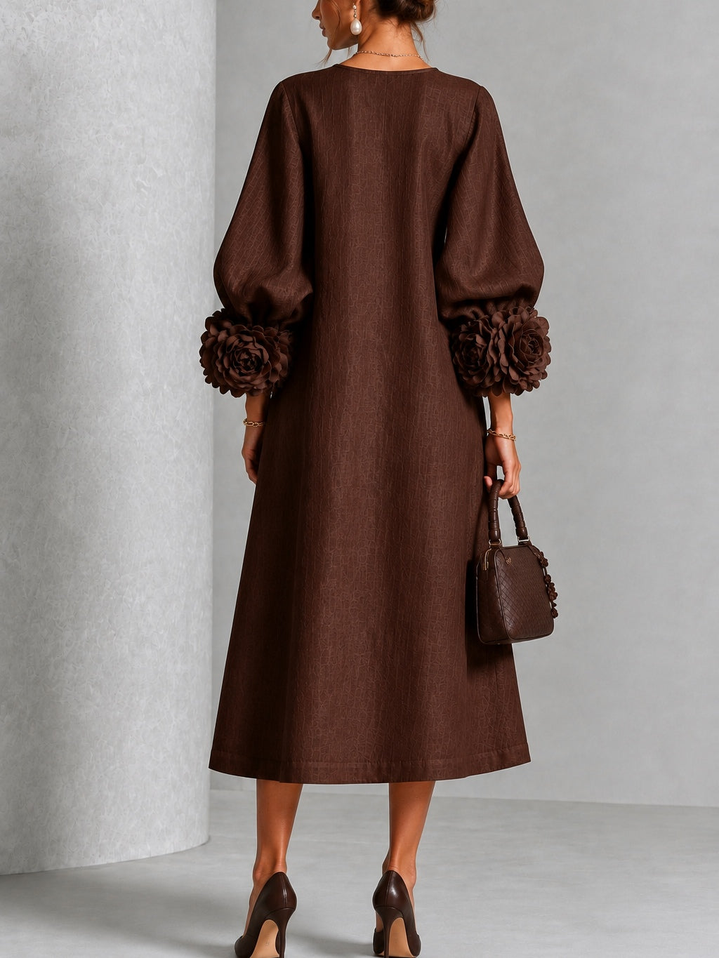 Liana | Chocolate Rosette Sleeve Midi Dress