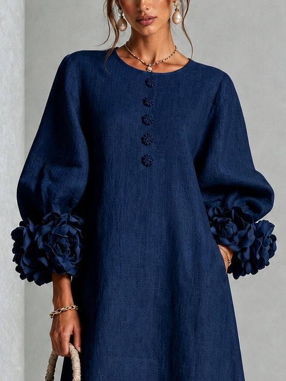 Liana | Navy Rosette Sleeve Midi Dress