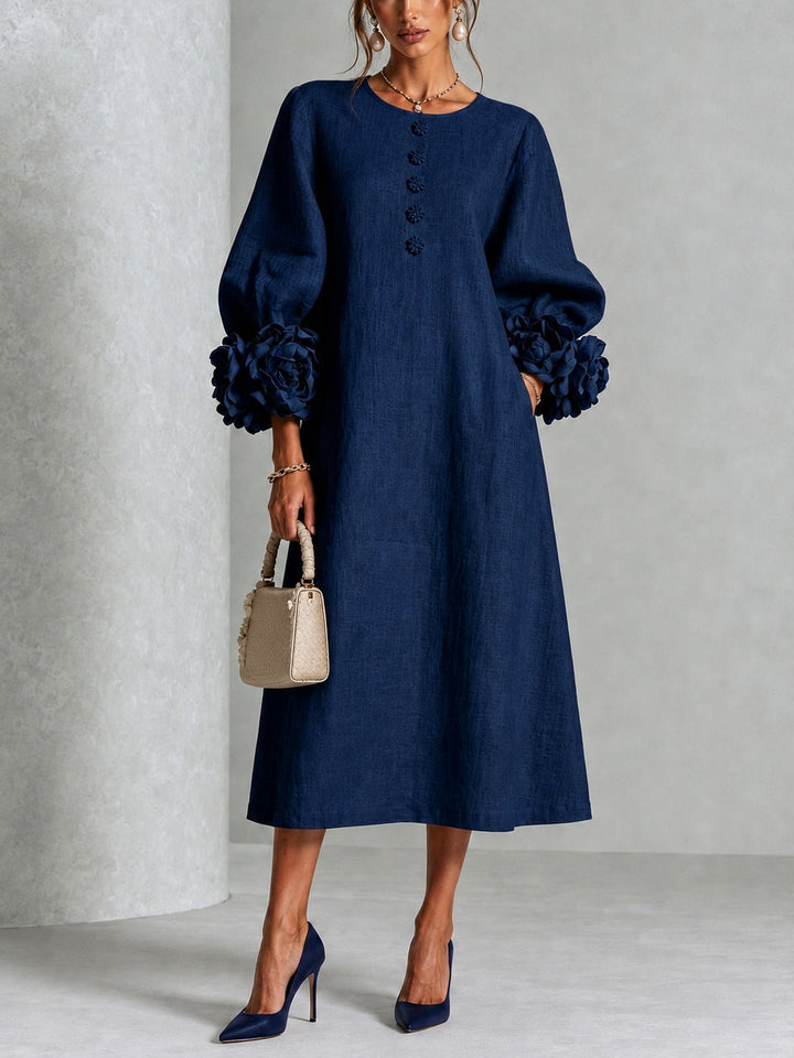Liana | Navy Rosette Sleeve Midi Dress
