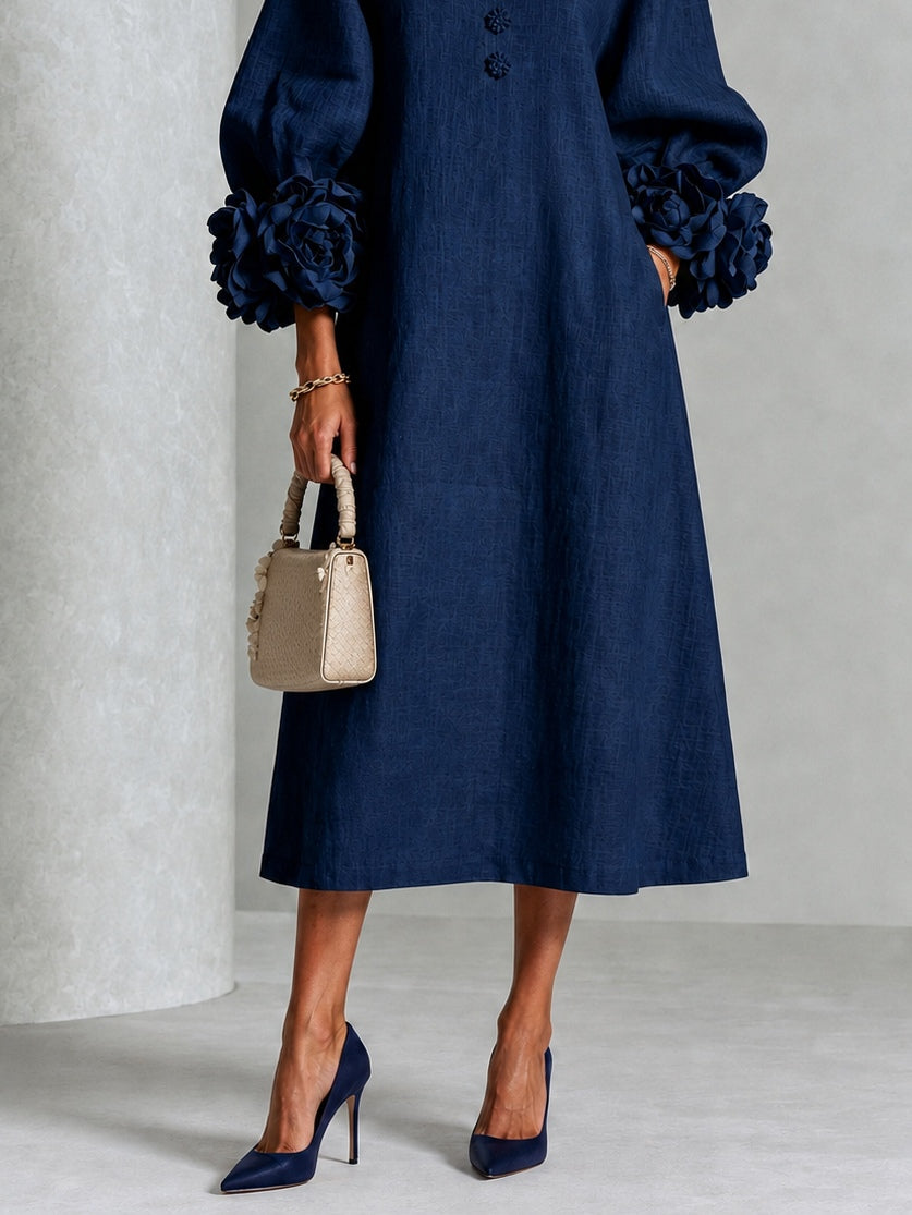 Liana | Navy Rosette Sleeve Midi Dress