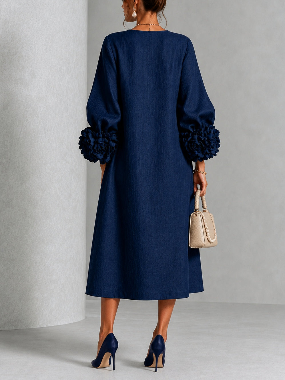 Liana | Navy Rosette Sleeve Midi Dress