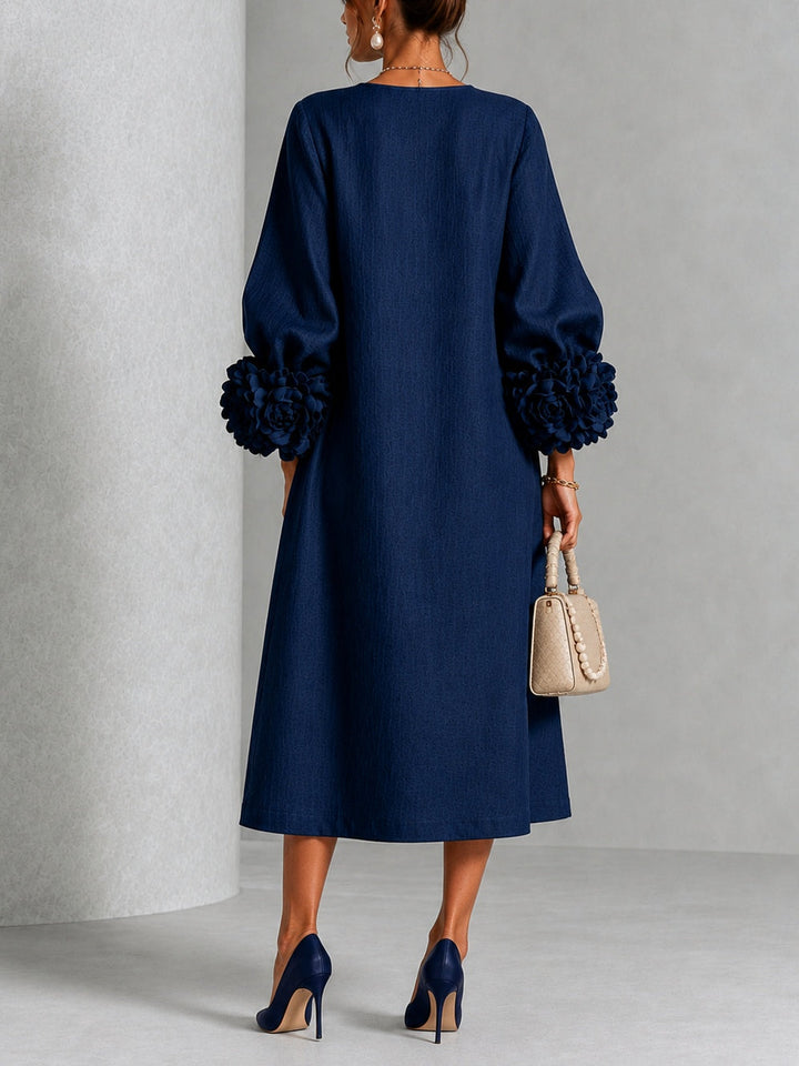 Liana | Navy Rosette Sleeve Midi Dress