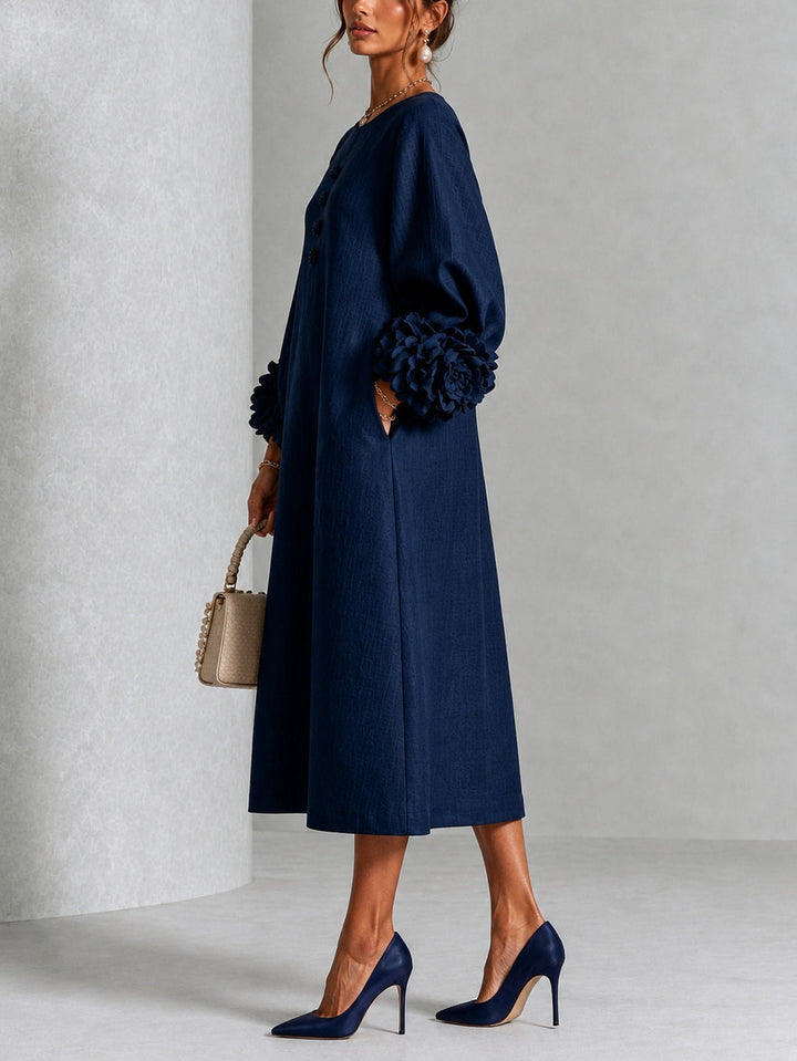 Liana rosette sleeve midi dress in navy, side view