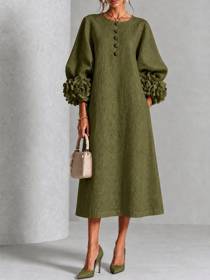 Liana | Olive Rosette Sleeve Midi Dress