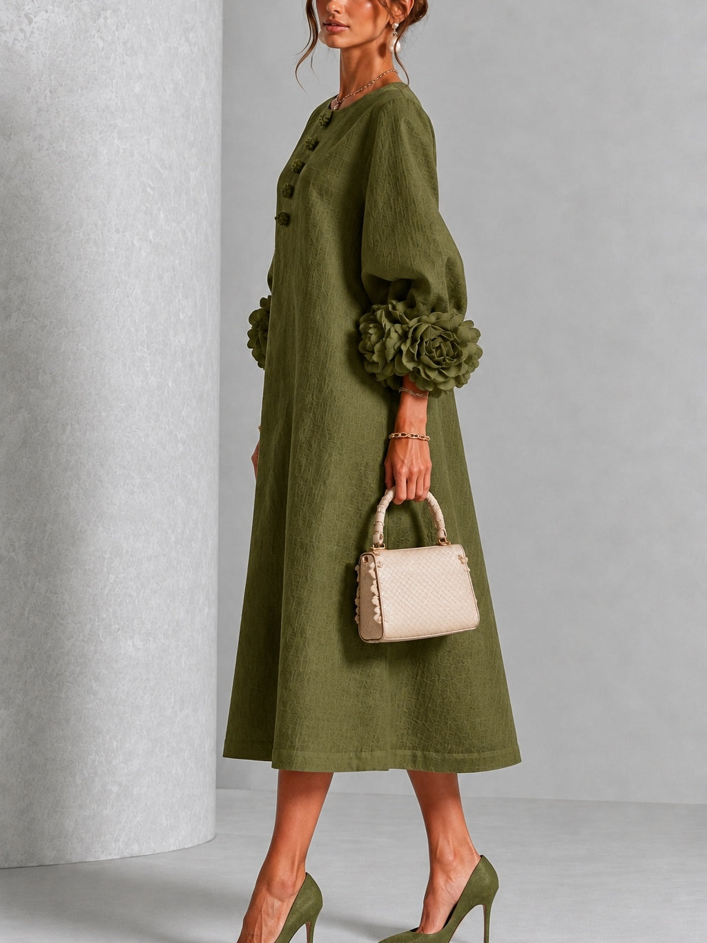 Liana | Olive Rosette Sleeve Midi Dress
