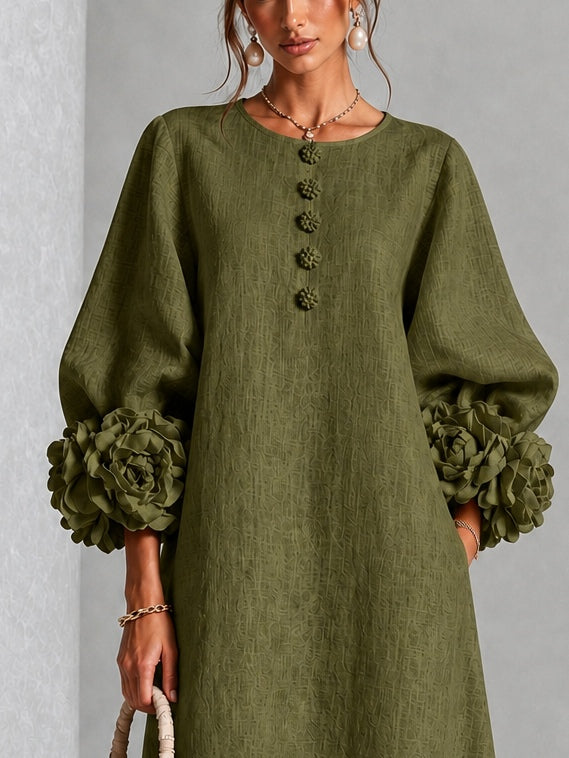 Liana | Olive Rosette Sleeve Midi Dress