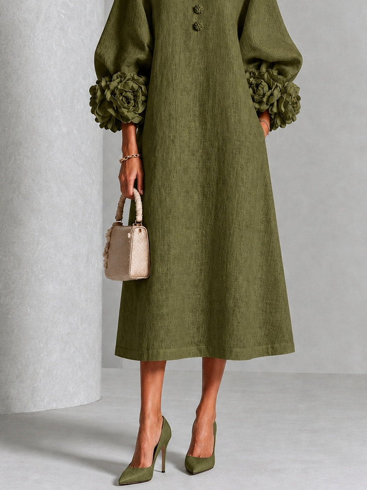 Liana | Olive Rosette Sleeve Midi Dress