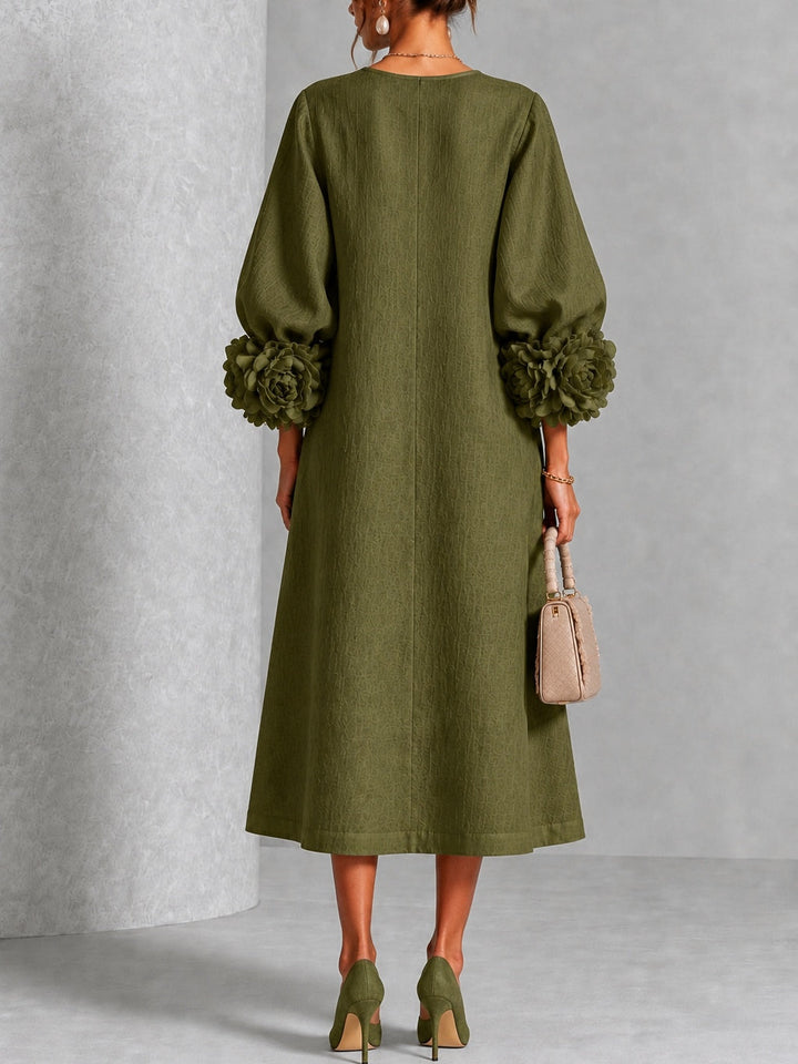Liana rosette sleeve midi dress in olive, another angle