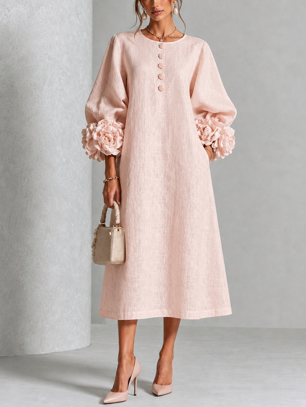Liana | Blush Rosette Sleeve Midi Dress