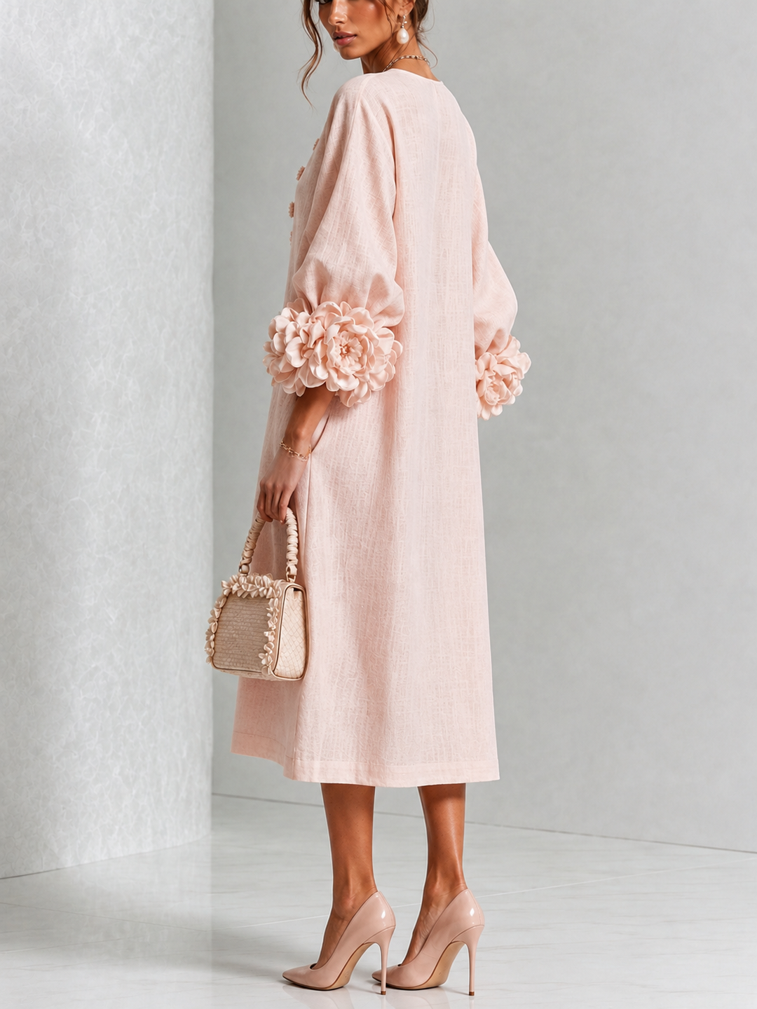 Liana | Blush Rosette Sleeve Midi Dress