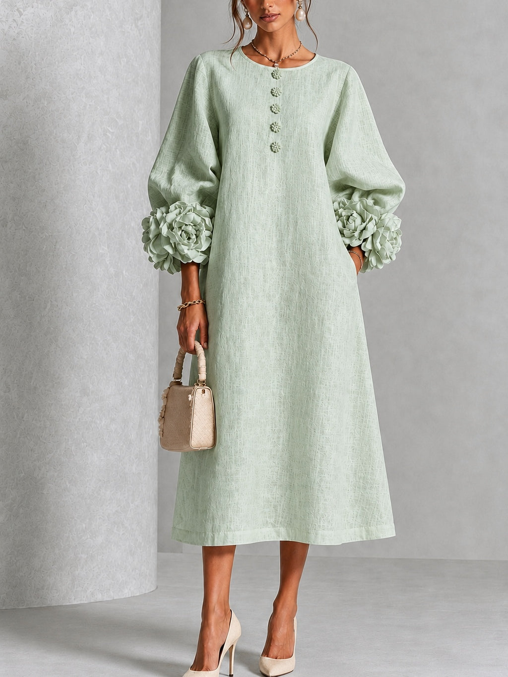 Liana rosette sleeve midi dress in sage, front view