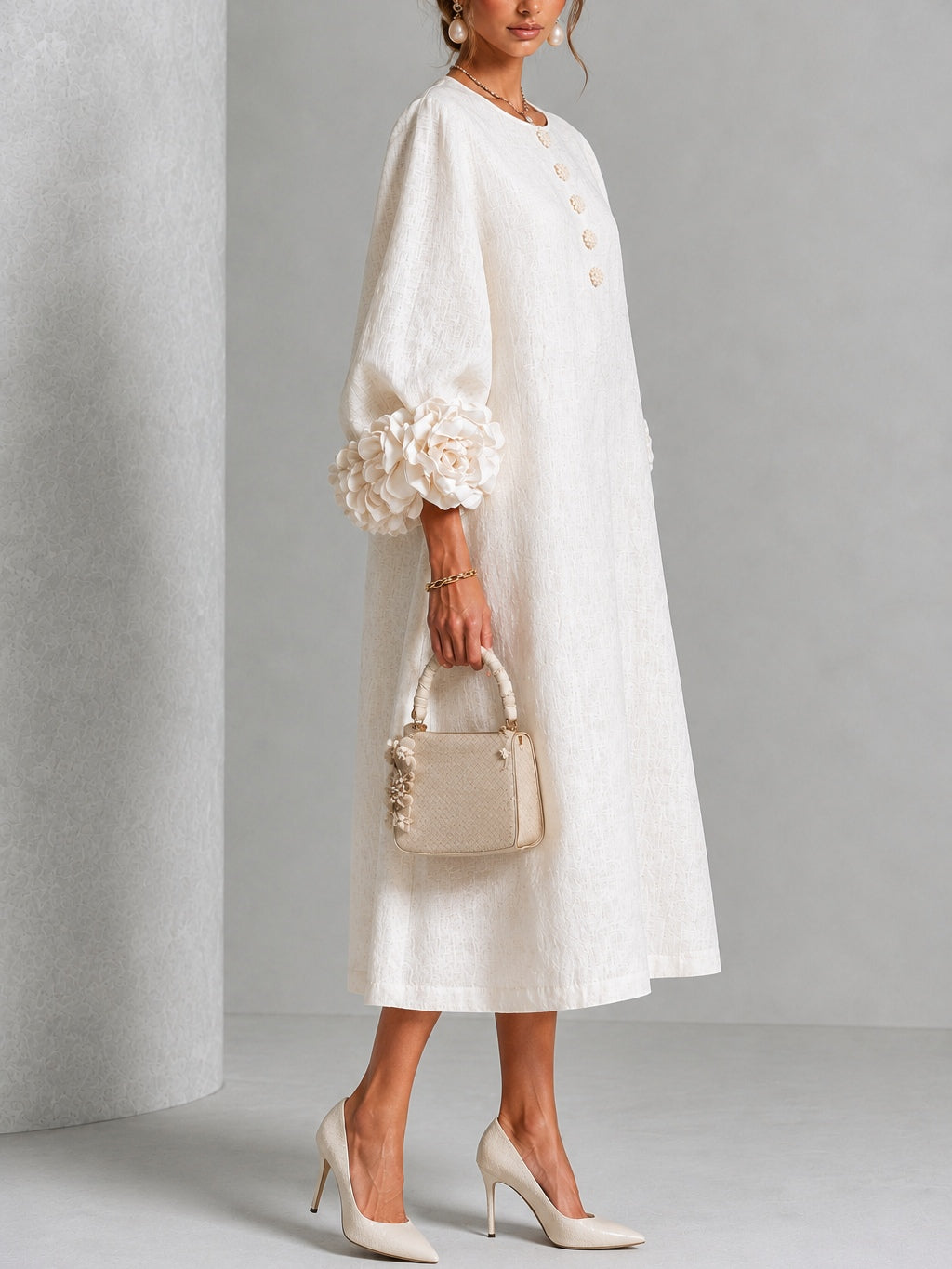 Liana | Ivory Rosette Sleeve Midi Dress
