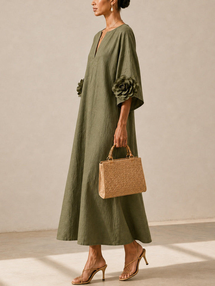 Maren | Olive V-Neck Kaftan Midi Dress