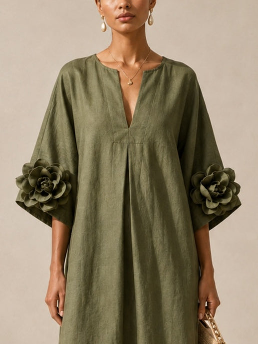 Maren | Olive V-Neck Kaftan Midi Dress