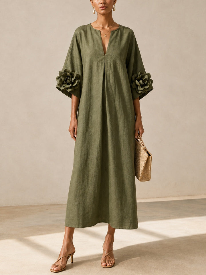 Maren | Olive V-Neck Kaftan Midi Dress