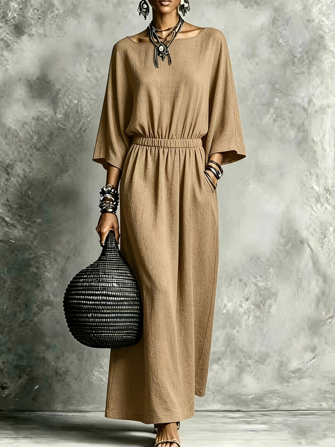 Matilda Elastic Waist Maxi Dress with Pockets in Beige, front view