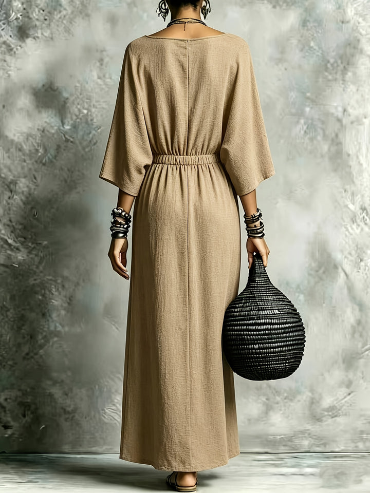 Matilda Elastic Waist Maxi Dress with Pockets in Beige, back view