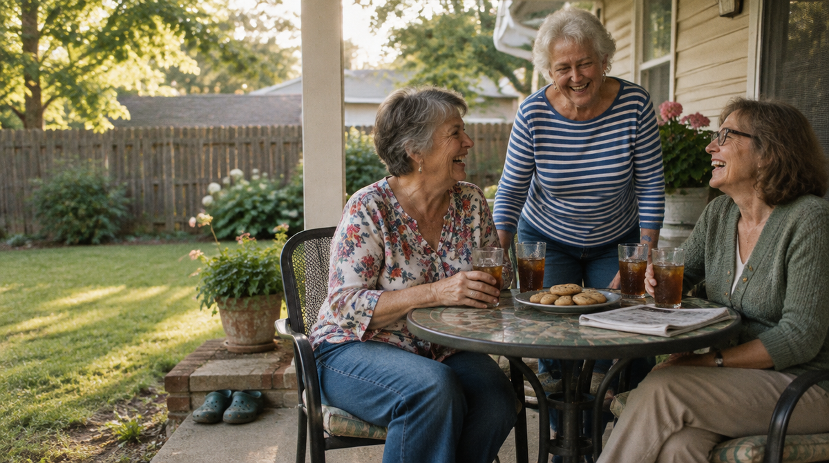 Three friends on a back porch with iced tea